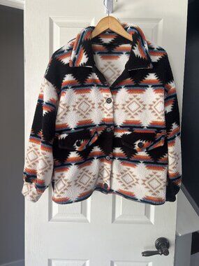Aztec Sherpa Jacket Womens Small Western Fleece Shacket Cozy Boho